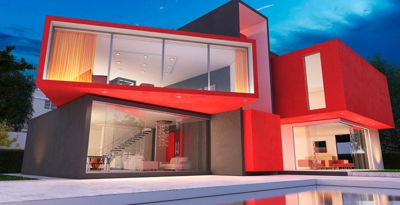 Fachada de casa moderna en color rojo